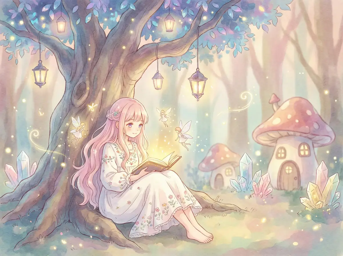 魅力u影 - 魔法森林中阅读故事书的粉发少女与精灵